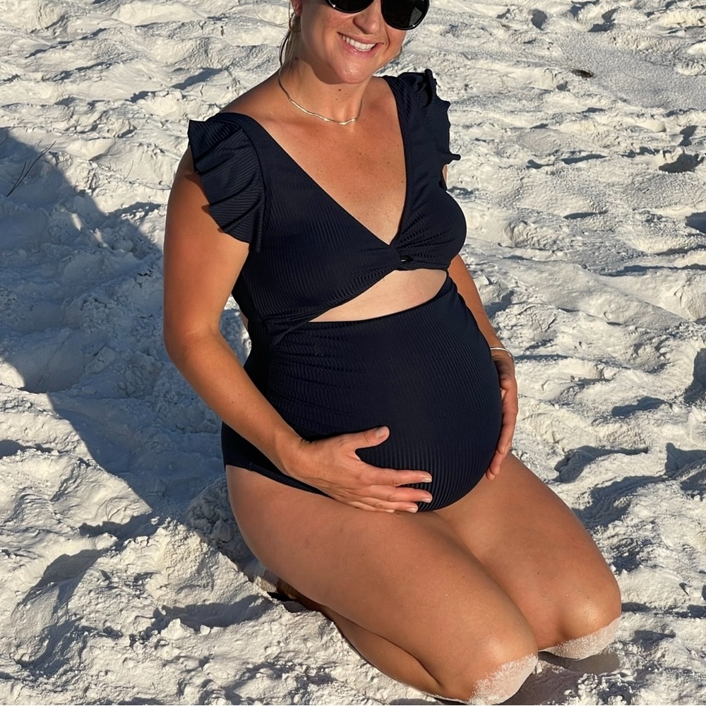 Charmo Ruffle Ribbed Maternity Swimsuit; very VERY comfortable 💙